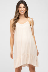 Cream Lace Accent Tassel Tie Maternity Dress