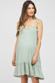 Light Olive Lace Accent Tassel Tie Maternity Dress