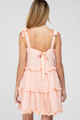 Peach Gingham Shoulder Tie Tiered Maternity Dress