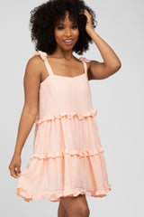 Peach Gingham Shoulder Tie Tiered Maternity Dress