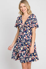 Navy Floral Short Sleeve Dress