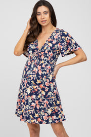 Navy Floral Short Sleeve Maternity Dress