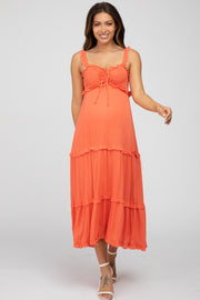 Coral Ruffle Accent Maternity Midi Dress