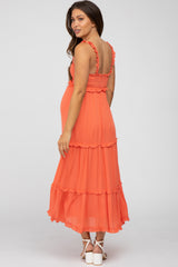 Coral Ruffle Accent Maternity Midi Dress