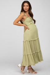 Light Olive Ruffle Accent Maternity Midi Dress