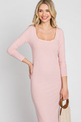 Peach Ribbed Long Sleeve Maxi Dress