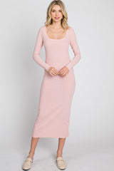 Peach Ribbed Long Sleeve Maxi Dress