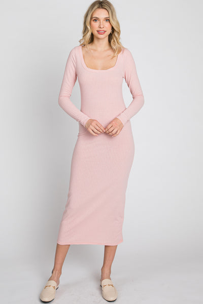 Peach Ribbed Long Sleeve Maxi Dress PinkBlush