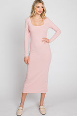 Peach Ribbed Long Sleeve Maxi Dress