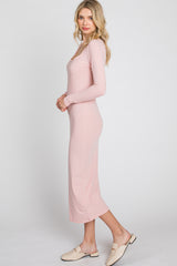 Peach Ribbed Long Sleeve Maxi Dress