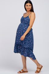 Blue Floral Braided Waist Tie Ruffle Hem Maternity Dress