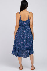 Blue Floral Braided Waist Tie Ruffle Hem Maternity Dress