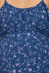 Blue Floral Braided Waist Tie Ruffle Hem Maternity Dress