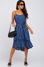 Blue Floral Braided Waist Tie Ruffle Hem Dress