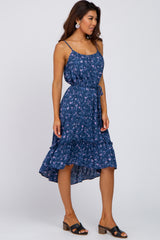 Blue Floral Braided Waist Tie Ruffle Hem Dress