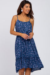 Blue Floral Braided Waist Tie Ruffle Hem Dress