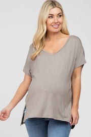 Taupe V-Neck Oversized Maternity Short Sleeve Top