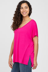 Fuchsia V-Neck Oversized Short Sleeve Top