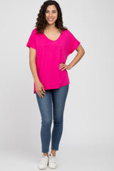 Fuchsia V-Neck Oversized Short Sleeve Top