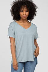 Blue V-Neck Oversized Maternity Short Sleeve Top