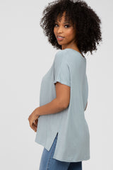 Blue V-Neck Oversized Short Sleeve Top