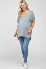 Blue V-Neck Oversized Maternity Short Sleeve Top