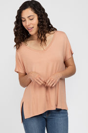 Peach V-Neck Oversized Short Sleeve Top