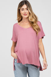 Mauve V-Neck Oversized Maternity Short Sleeve Top