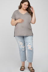 Taupe V-Neck Oversized Maternity Plus Short Sleeve Top