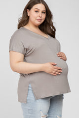 Taupe V-Neck Oversized Maternity Plus Short Sleeve Top