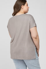 Taupe V-Neck Oversized Maternity Plus Short Sleeve Top