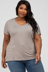 Taupe V-Neck Oversized Plus Short Sleeve Top