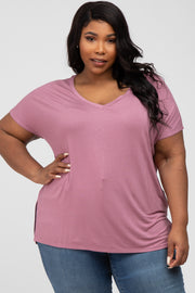 Mauve V-Neck Oversized Plus Short Sleeve Top