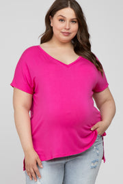 Fuchsia V-Neck Oversized Maternity Plus Short Sleeve Top