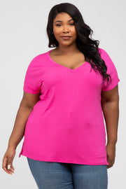 Fuchsia V-Neck Oversized Plus Short Sleeve Top