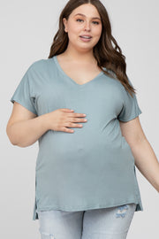 Blue V-Neck Oversized Maternity Plus Short Sleeve Top