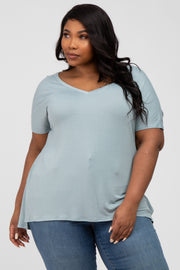 Blue V-Neck Oversized Plus Short Sleeve Top