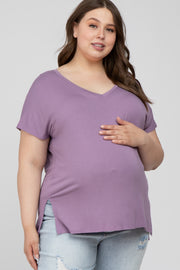 Lavender V-Neck Oversized Maternity Plus Short Sleeve Top