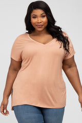 Peach V-Neck Oversized Plus Short Sleeve Top