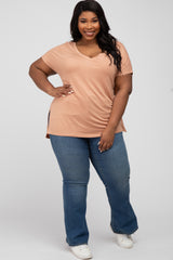 Peach V-Neck Oversized Plus Short Sleeve Top