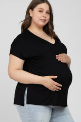 Black V-Neck Oversized Maternity Plus Short Sleeve Top