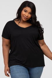 Black V-Neck Oversized Plus Short Sleeve Top