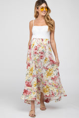 Cream Floral Button-Down Front Slit Maternity Maxi Skirt