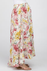 Cream Floral Button-Down Front Slit Maternity Maxi Skirt