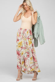 Cream Floral Button-Down Front Slit Maxi Skirt