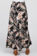 Black Floral Button-Down Front Slit Maternity Maxi Skirt