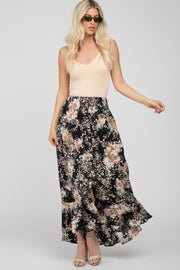 Black Floral Button-Down Front Slit Maxi Skirt