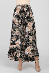 Black Floral Button-Down Front Slit Maxi Skirt