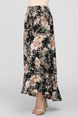 Black Floral Button-Down Front Slit Maxi Skirt