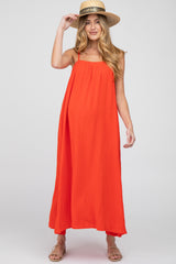 Red Square Neck Linen Sleeveless Maternity Maxi Dress